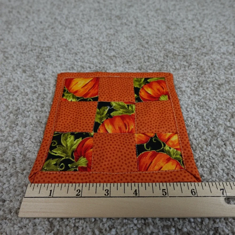 Handmade Quilted Pumpkin Mug Rug Set 2pc Orange Patchwork Cotton Coasters 6x6